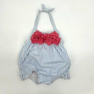 JANIE AND JACK Blue White Striped Pink Flower Halter Baby Swim Suit 3-6 Months